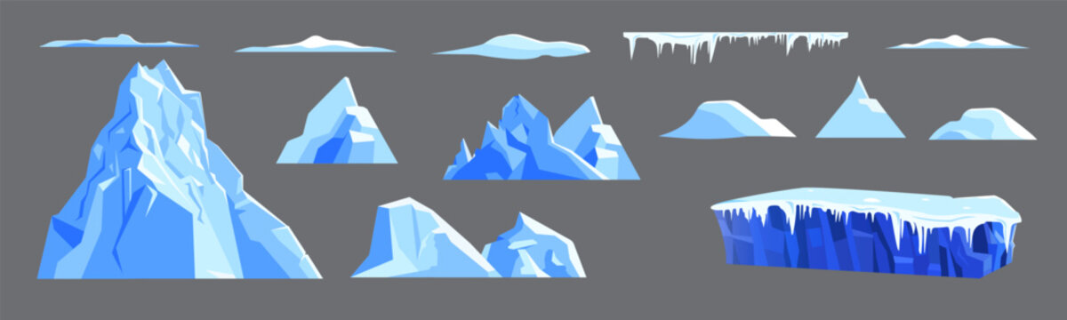 Iceberg, ice and ice floes, icicles abstract set. Monochrome set in blue tones. Arctic elements, winter, snow drifts. Elements of vector design.