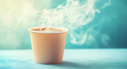 A paper coffee cup sits on a surface, emitting steam as the warm beverage invites comfort on a cool day