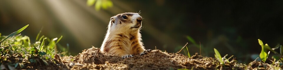 Fototapeta premium A close-up shot of a ground squirrel standing on top of a pile of dirt, possibly collecting materials for its burrow