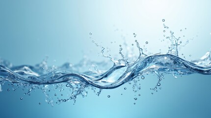 Clear blue water splash with dynamic wave and droplets on light aqua background. Fresh liquid motion for World Water Day, Ocean Day, Earth Day, Environment Day and World Health Day
