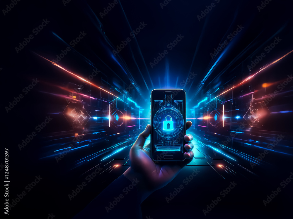 Aufkleber hand holding a smartphone displaying a lock, representing digital security. abstract background with