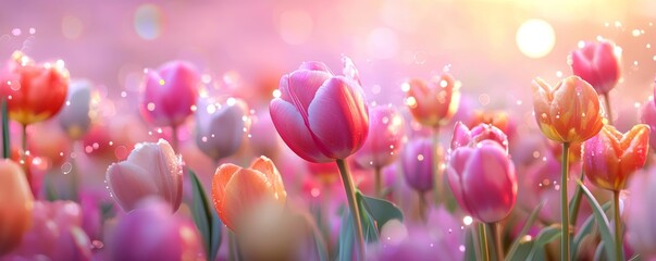 Obraz premium A blooming tulip field at sunrise, with golden light illuminating the vibrant petals and creating a magical atmosphere.