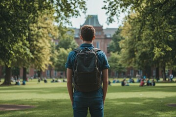 Student Contemplates Future on Campus Lawn, Education Dreams in a Serene Setting,  Aspirations for Success, Higher Education Ambitions.