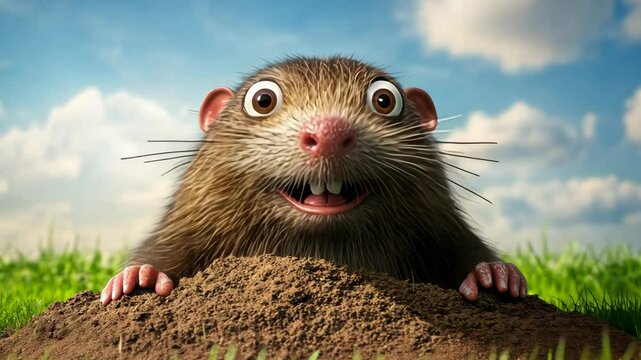 Whimsical gopher emerging from earthen tunnel, peering curiously across sunlit meadow with wide open eyes and cheerful expression
