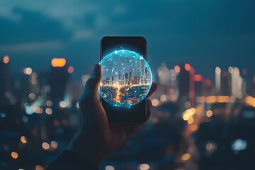 Global Bitcoin Cryptocurrency: Hand Holding Smartphone Displaying Bitcoin on 3D Earth Globe. Modern Technology, Digital Finance, Global Investment,   