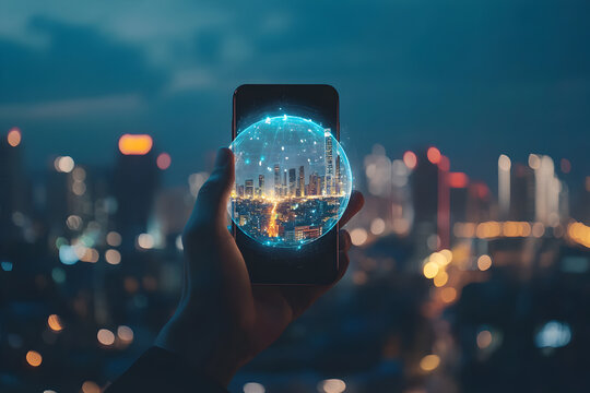 Global Bitcoin Cryptocurrency: Hand Holding Smartphone Displaying Bitcoin on 3D Earth Globe. Modern Technology, Digital Finance, Global Investment,    - Powered by Adobe