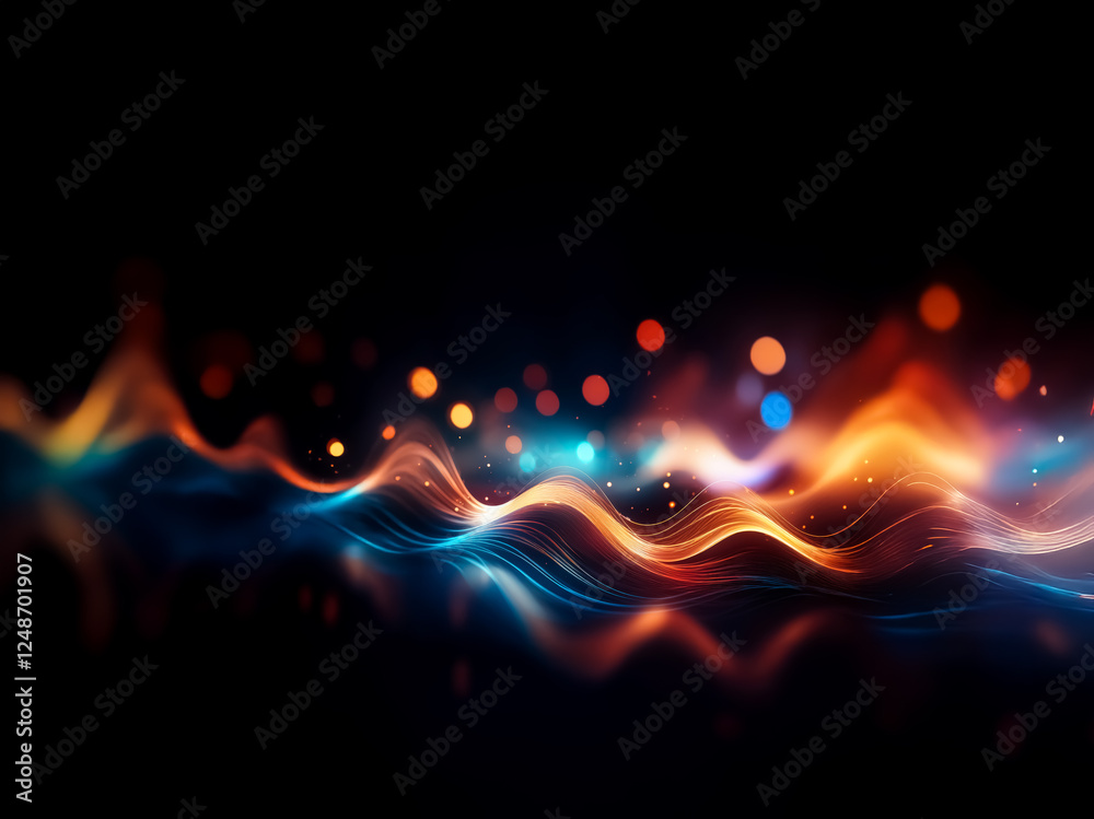 Aufkleber abstract flowing waves of orange, yellow, and blue light on a dark backdrop. soft bokeh lights creat