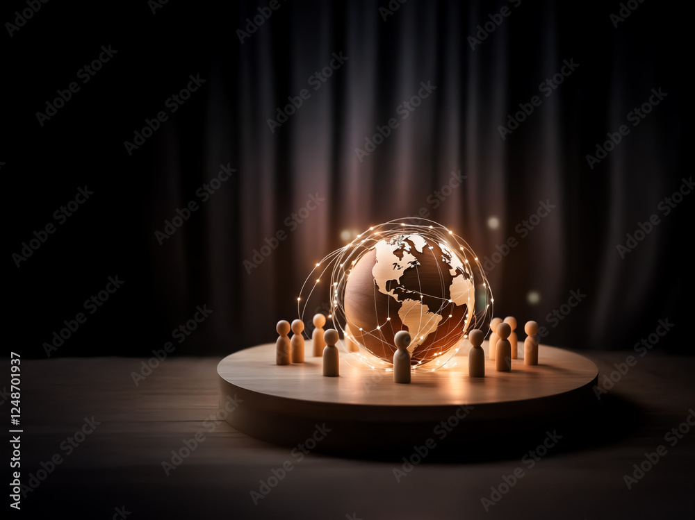 Poster wooden figures encircle a glowing globe placed on a round platform. fairy lights illuminate the worl