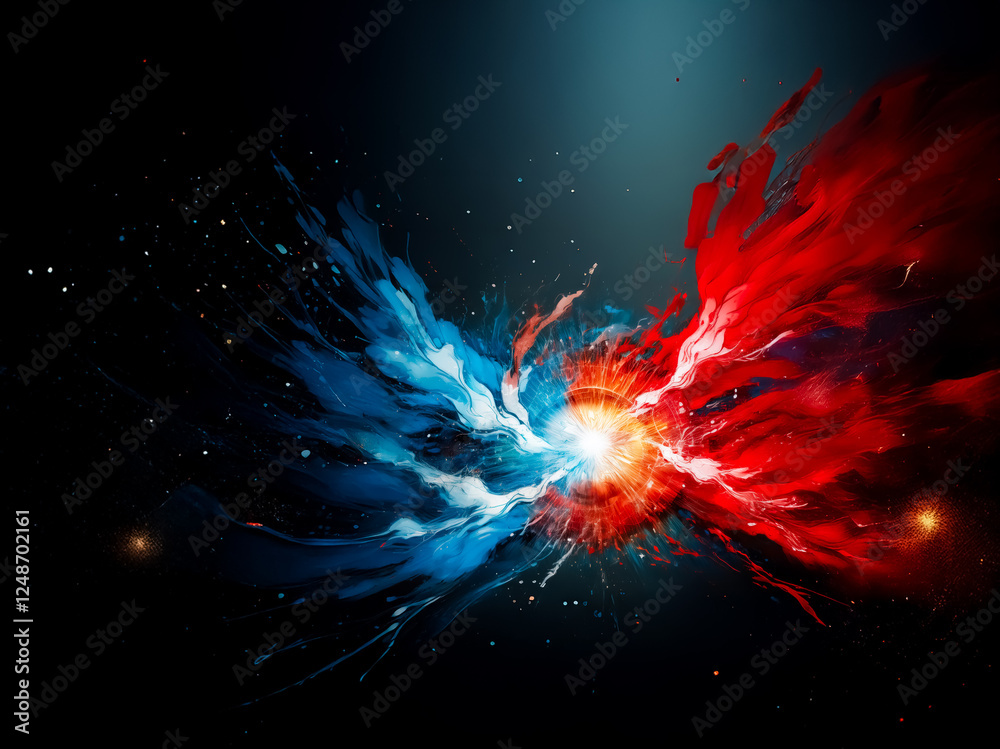 Aufkleber dynamic splash of vibrant red and blue hues colliding against a dark backdrop. energetic burst with 