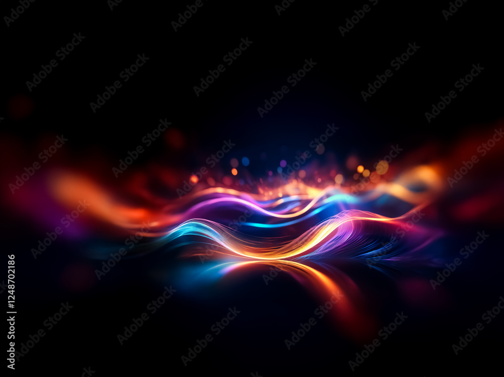 Poster Colorful light waves flow across a dark backdrop, creating a vibrant, abstract design.  The luminous curves and bokeh effects add depth and motion to the image.