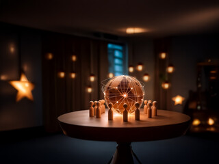 A group of wooden figures encircles a glowing globe resting on a round table. Warm, blurred lights softly illuminate the room's backdrop, suggesting connections.