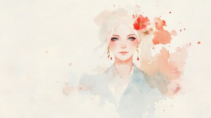 Elegant Portrait of a Woman with Red Flower and Watercolor Background in Soft Pastel Colors