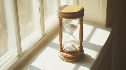 A delicate hourglass on a windowsill, with sunlight filtering through the glass and casting elegant shadows.