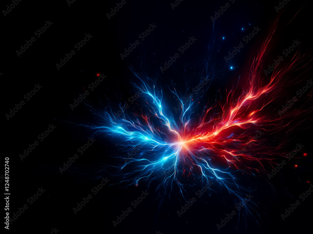 Poster vibrant digital art featuring a dynamic clash of cool blue and fiery red energy fractals against a s