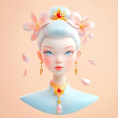 Elegant portrait of a stylized female figure with floral accents and traditional Asian attire on a soft background