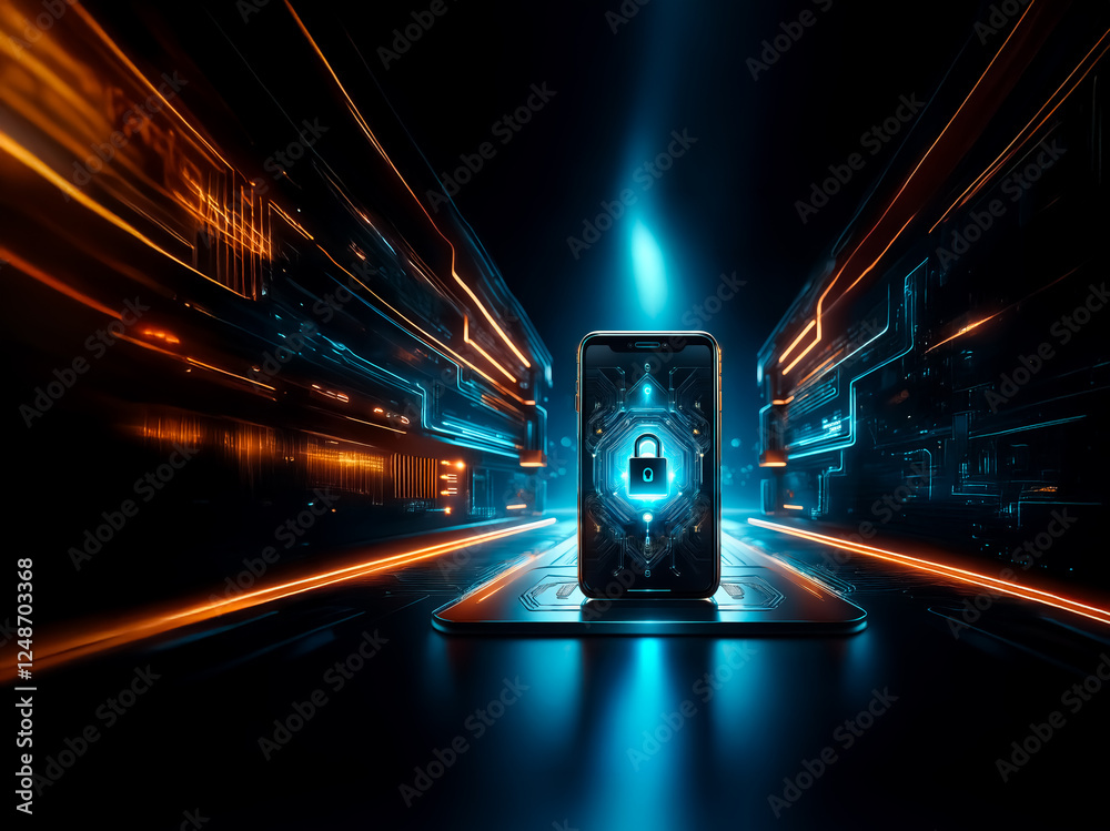 Aufkleber futuristic phone displays a lock icon amidst glowing lines on a dark backdrop. it evokes digital sec