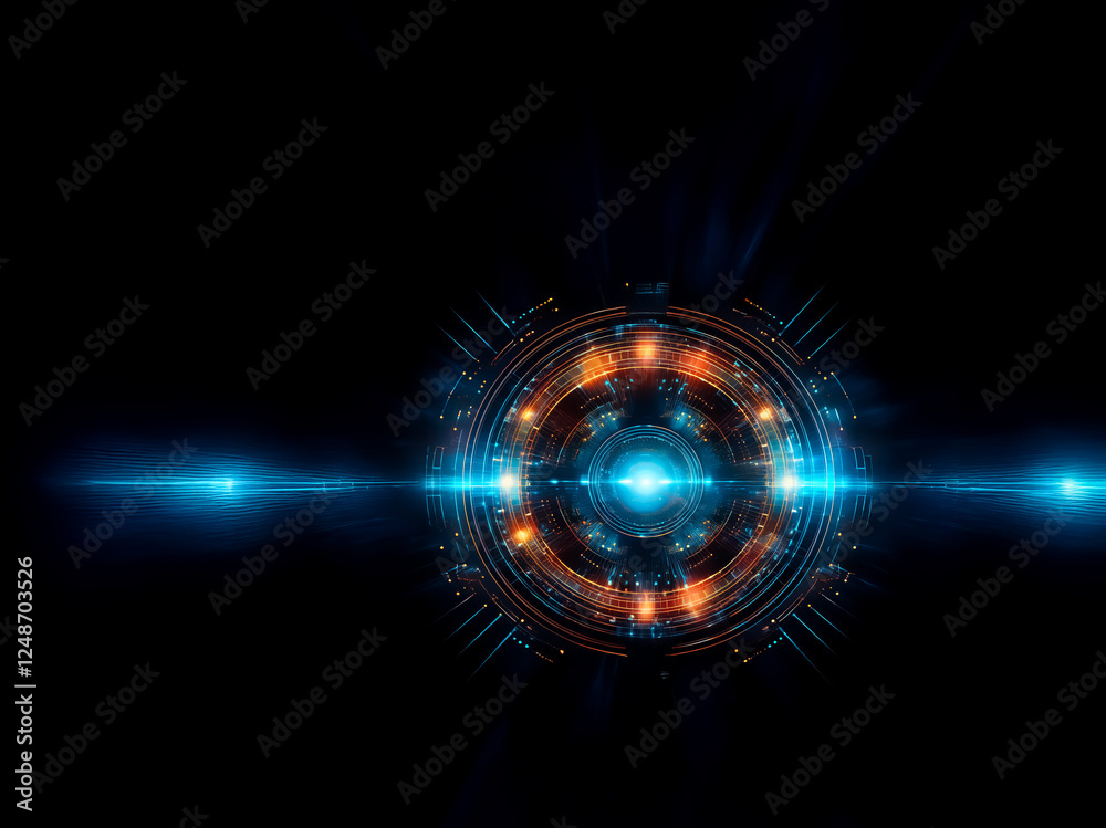 Aufkleber A luminous futuristic circular element with vibrant blue and orange lights is centered against a stark black backdrop, radiating energy.