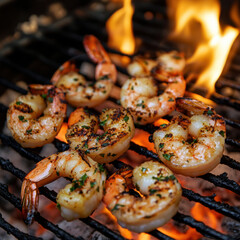 Grilled sausages on a barbecue with delicious cooked meat and seafood