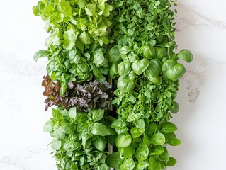 Obraz premium Vertical Herb Garden on Marble Background: Fresh Greens and Basil