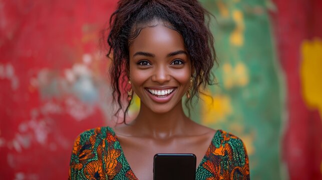 Hermosa mujer, sonriente, con tel&eacute;fono en mano pillada por la c&aacute;mara fotogr&aacute;fica.