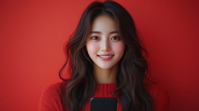 Hermosa mujer, sonriente, con tel&eacute;fono en mano pillada por la c&aacute;mara fotogr&aacute;fica.