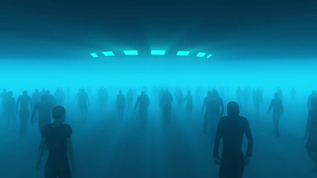 Hundreds of people male and female in silhouette, walking in mist towards large ufo