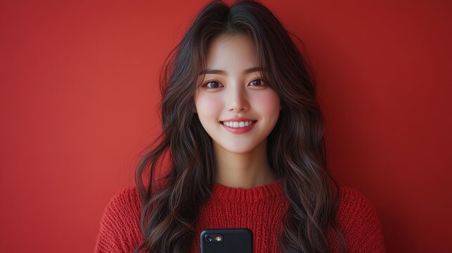 Hermosa mujer, sonriente, con tel&eacute;fono en mano pillada por la c&aacute;mara fotogr&aacute;fica.