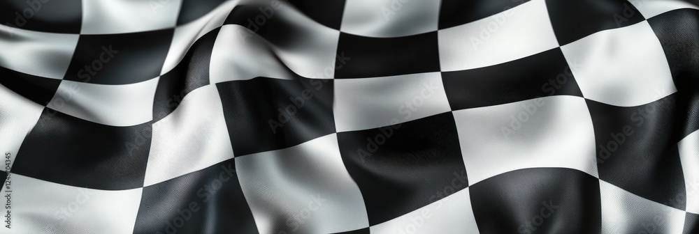 Poster close-up of black and white chequered flag with soft drapery creating textured waves for use in vari