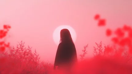 Gardinen silhouette of a woman with long hair standing in field with red light © vinod