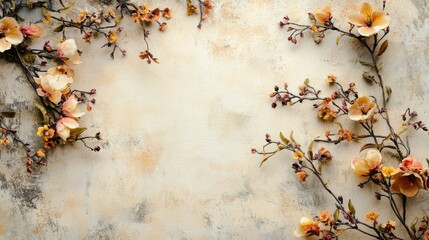 Floral branches with peach colored flowers frame a textured background