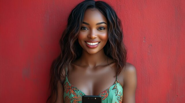Hermosa mujer, sonriente, con tel&eacute;fono en mano pillada por la c&aacute;mara fotogr&aacute;fica.