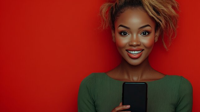 Hermosa mujer, sonriente, con tel&eacute;fono en mano pillada por la c&aacute;mara fotogr&aacute;fica.