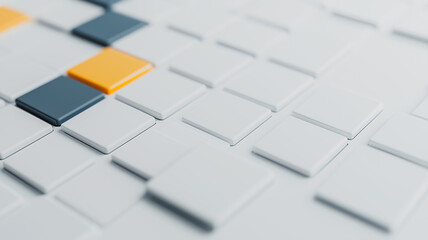 Abstract pattern of grey, white and orange squares. 