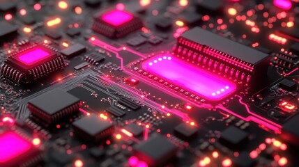 Obraz premium Close-up of illuminated circuit board with pink glowing components.