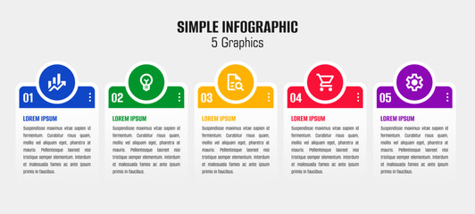 Simple 5 color infographic. Info graphic with 5 color circles and items. Five steps infographic. Five data infographic
