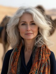 Fototapeta premium Señora turista, rubia y bella de excursión por el desierto, con camellos o dromedarios al fondo.