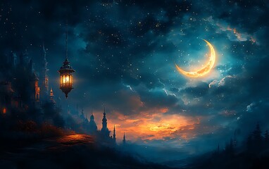 A Mystical Night Scene Featuring a Crescent Moon Starry Sky and a Glowing Lantern Amidst Dark Clouds