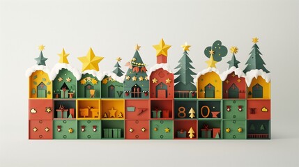 A holiday advent calendar with vibrant colors and detailed compartments, displayed on a clean white background.