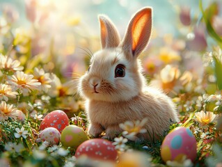 An adorable fluffy rabbit poised amidst a delightful array of colorful eggs and blooming daisies, embodying the joyful essence of Easter celebrations in nature.