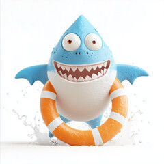 Fototapeta premium funny shark heroically holding a lifebuoy on the beach, surrounded by splashing water drops. A playful and whimsical scene perfect for summer, cartoons, web design kids cards