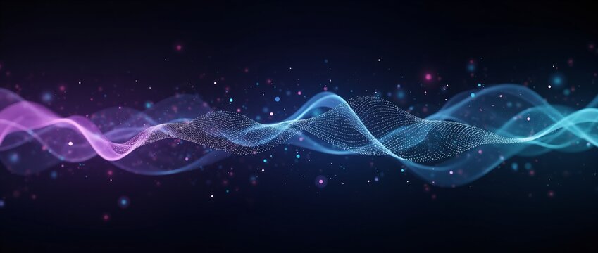 Abstract digital wave background with purple and blue neon lights. Technology stream data visualization. Christmas, New Year, Diwali, cyber Monday and Black Friday tech concept design with copy space