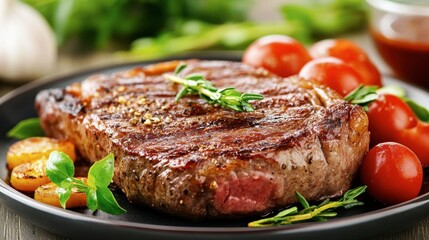 A gourmet steak dish served on a fine dining table, with elegant plating and delicate garnishes.