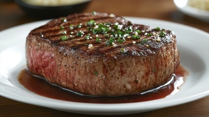 A gourmet steak dish served on a fine dining table, with elegant plating and delicate garnishes.