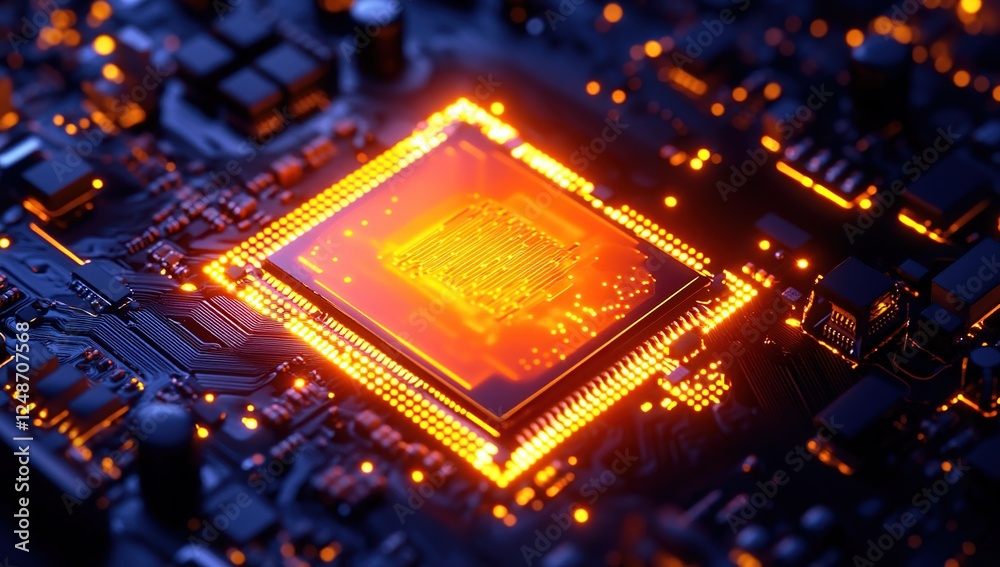 Poster exploring the intricate circuits: a close-up view of a microprocessor's glowing core, revealing comp