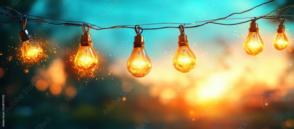 Poster Beautifully lit vintage light bulbs hanging on string wire against a colorful sunset background with bokeh effect