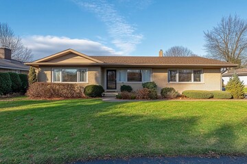 Updated facade of a residential house featuring new windows and a well-maintained landscape in a suburban setting