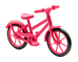 bright pink toy bicycle resting on white surface, showcasing its playful design and vibrant color. This charming toy evokes sense of nostalgia and joy