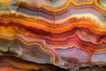 A mesmerizing close-up of condor agate, showcasing its intricate and vivid natural patterns. The agate's layers are beautifully banded in vibrant hues of deep orange