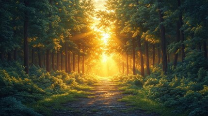 Obraz premium Autumn Forest Sunset Pathway in Golden Hour with Colorful Leaves and Tranquil Nature