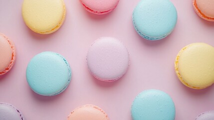 Obraz premium A stunning array of pastel-colored macarons lays scattered, showcasing their smooth textures and delightful shapes. Ideal for those seeking a visually appealing and sweet backdrop